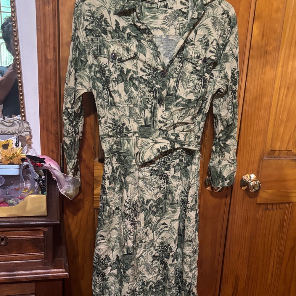 Zara Green Botanical Long Sleeve Shirt Dress